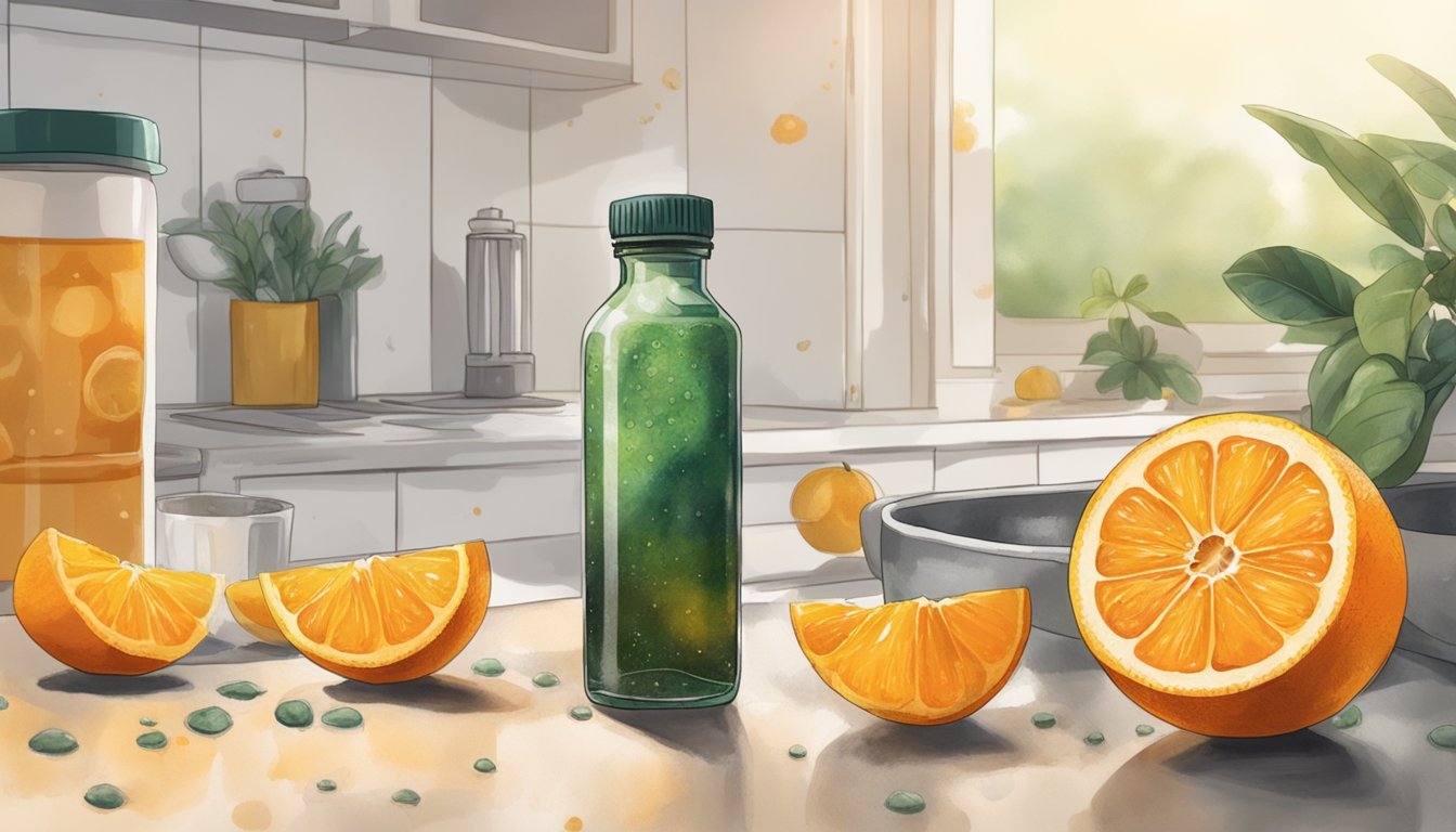 A bottle of orange extract sits on a kitchen counter, surrounded by a few oranges with moldy spots. The liquid inside appears cloudy and discolored