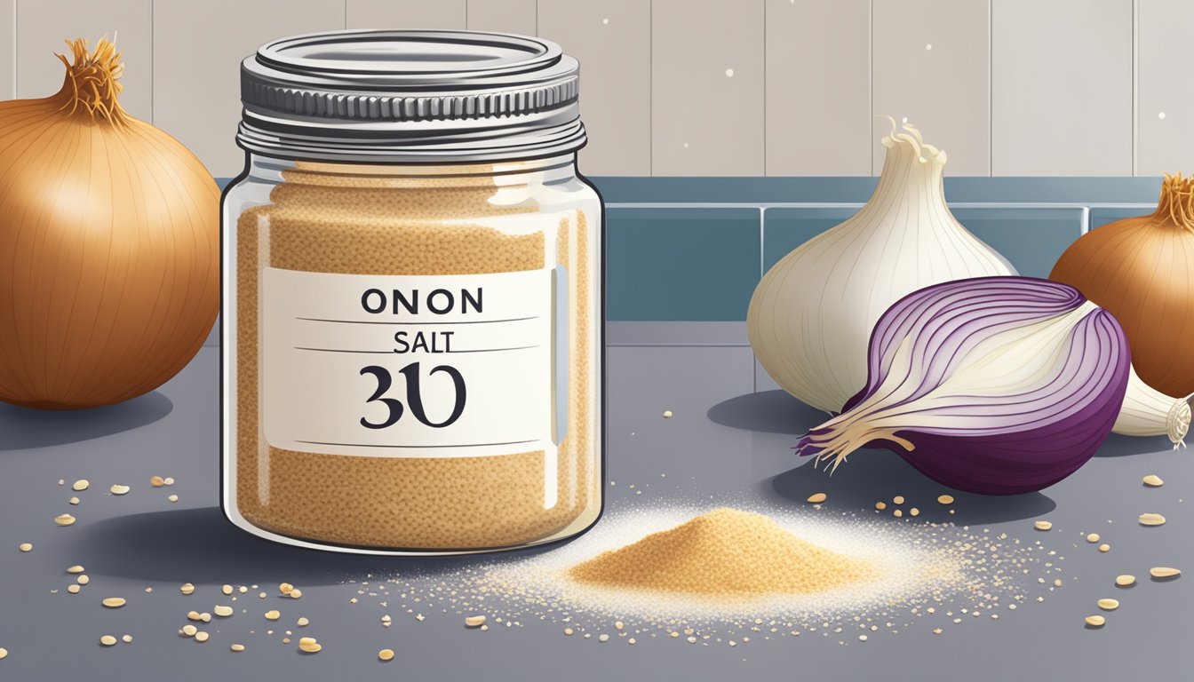 A jar of onion salt sits on a kitchen counter next to a calendar, with a few sprinkles of the seasoning spilled on the surface