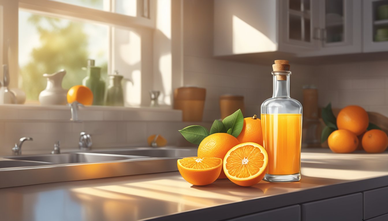 A bottle of orange extract sits on a kitchen counter, surrounded by fresh oranges and a measuring spoon. The sunlight streams in through the window, casting a warm glow over the scene