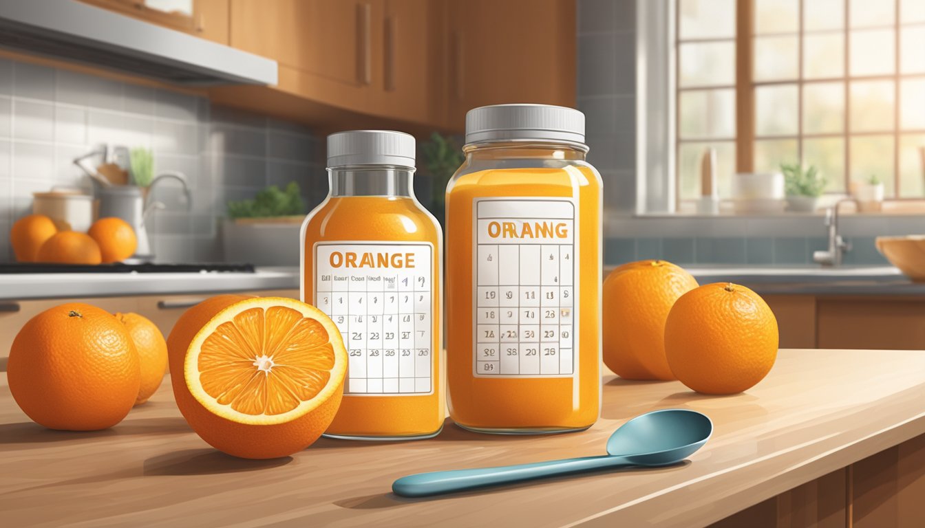 A glass bottle of orange extract sits on a kitchen counter, surrounded by fresh oranges and a measuring spoon. A calendar on the wall indicates the current date