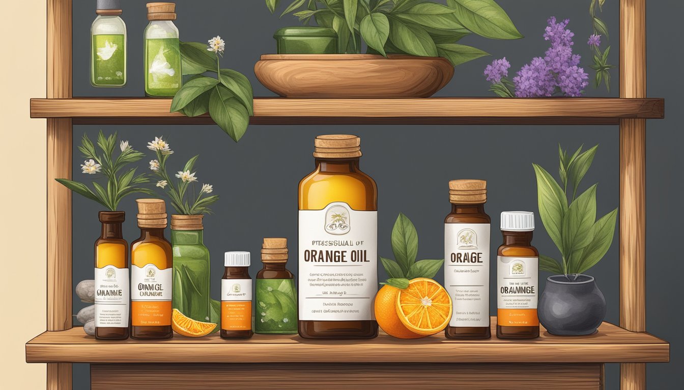 A bottle of orange oil sits on a wooden shelf, surrounded by other essential oils and natural remedies. The label on the bottle indicates the expiration date