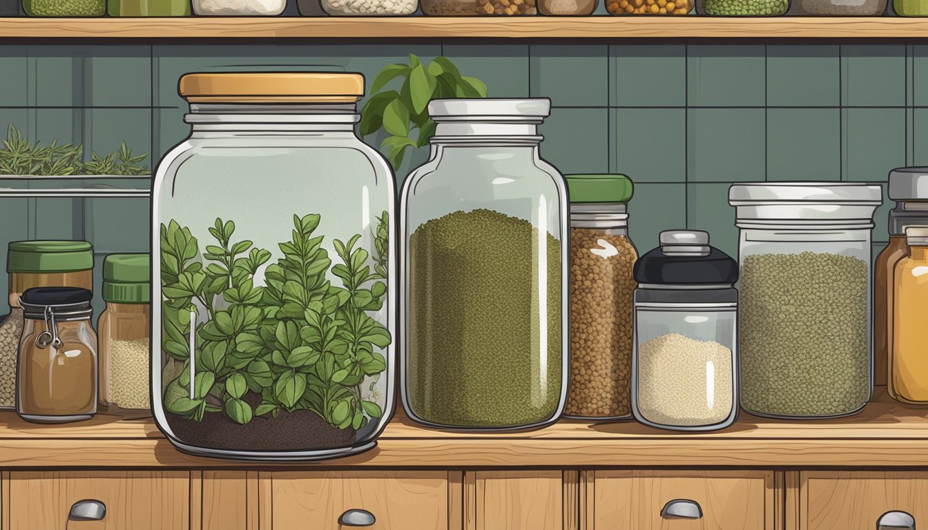 A jar of oregano sits on a kitchen shelf, surrounded by other spices and herbs. The label on the jar indicates its expiration date