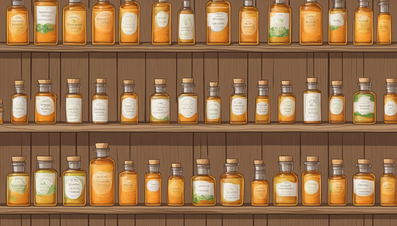 Bottles of orange essential oil arranged on a sturdy wooden shelf, with labels indicating the date of purchase and expiration to maximize shelf life