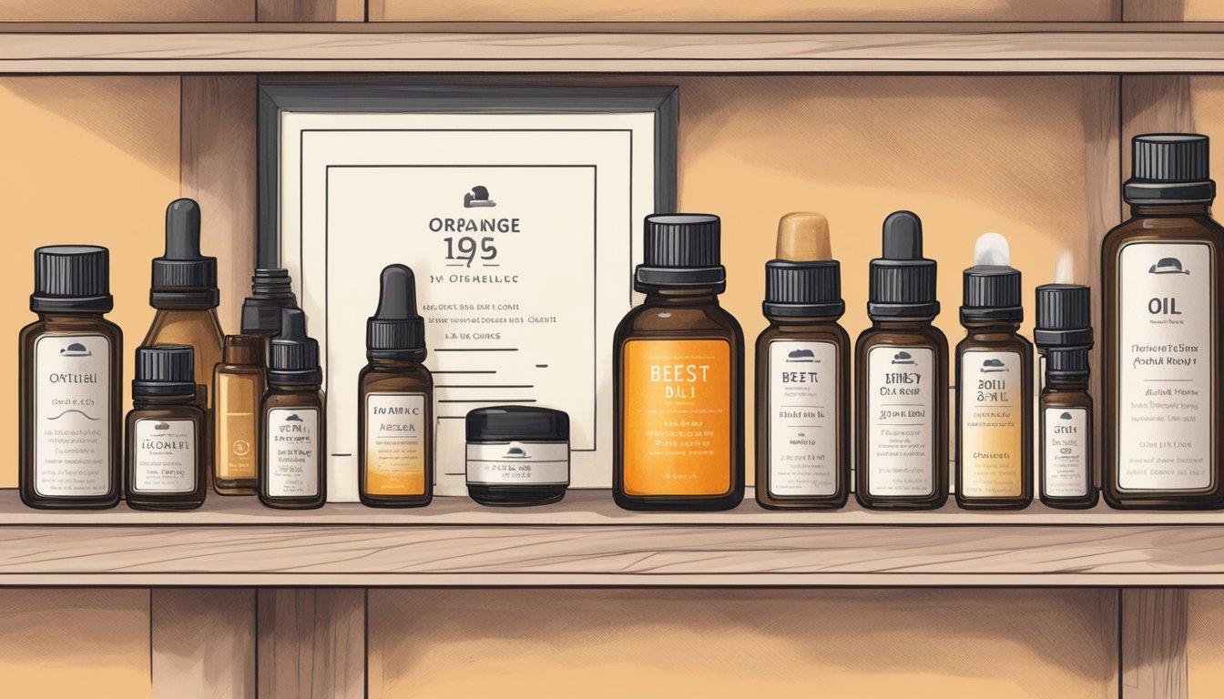 A small bottle of orange oil sits on a shelf, surrounded by other essential oils and labeled with a "best by" date