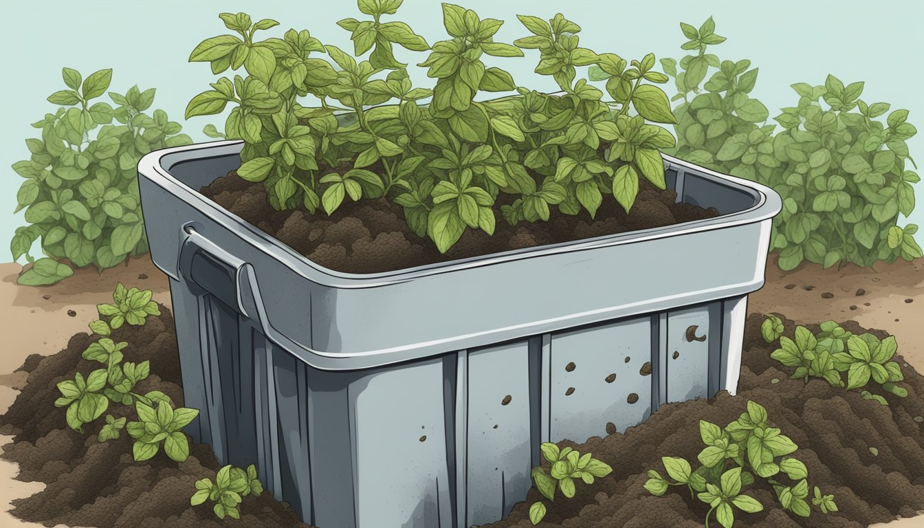 A wilted oregano plant surrounded by moldy leaves in a compost bin