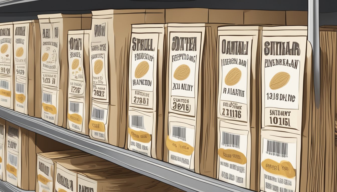 A row of oatmeal packets on a pantry shelf, with a calendar showing the current date and an expiration date marked on the packets