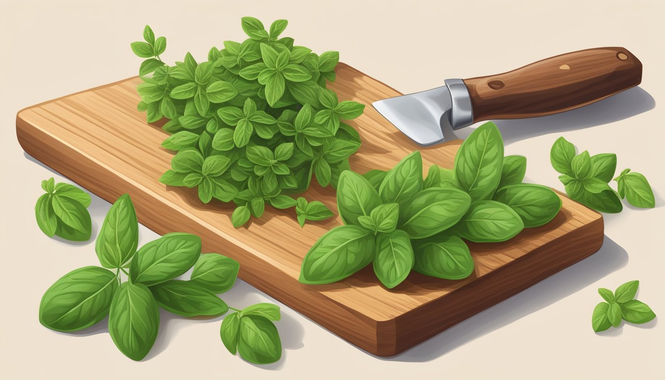 A bundle of fresh oregano sprigs with vibrant green leaves, sitting on a wooden cutting board next to a knife and a measuring spoon