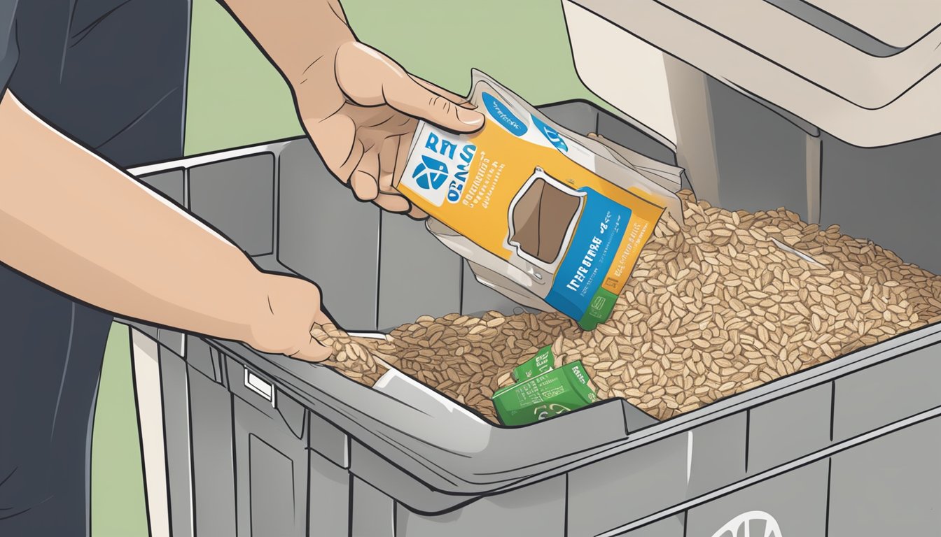 A hand pouring expired oatmeal packets into a labeled recycling bin