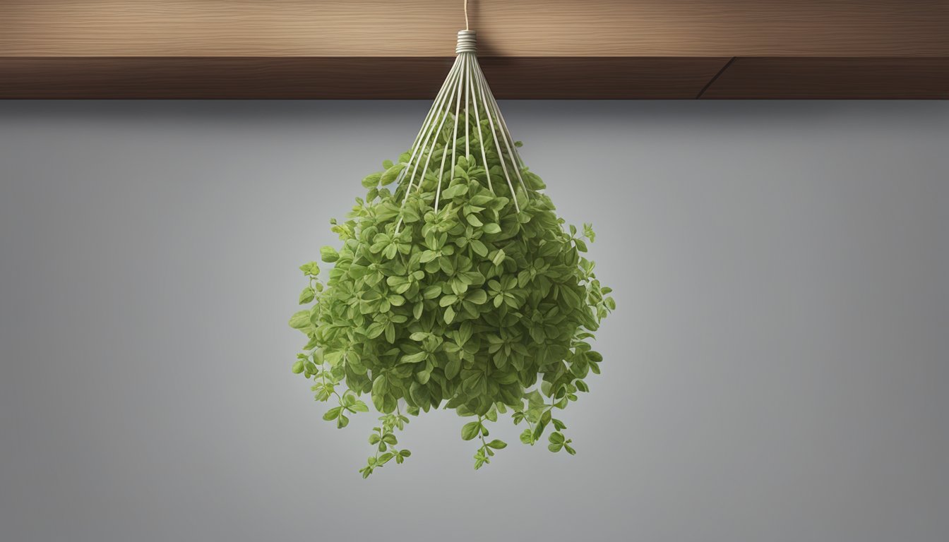 A small bundle of fresh oregano hanging upside down to dry in a warm, well-ventilated area