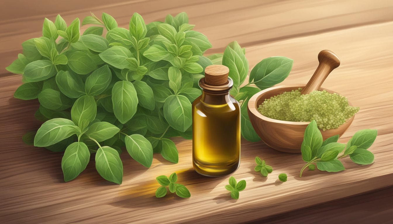 A small bottle of oregano oil sits on a wooden countertop, surrounded by fresh oregano leaves and a mortar and pestle