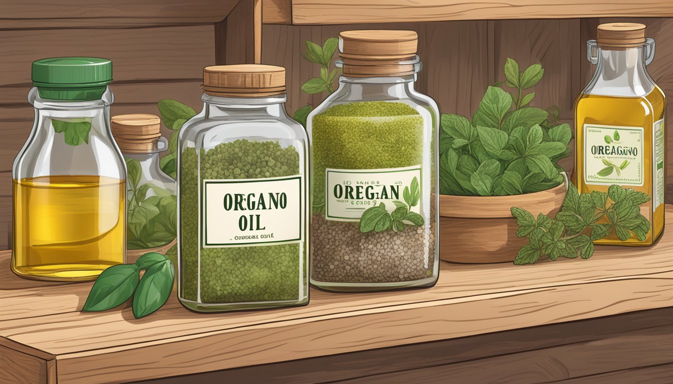 A clear glass bottle of oregano oil sits on a wooden shelf, surrounded by other herbs and spices. The bottle is labeled with the expiration date