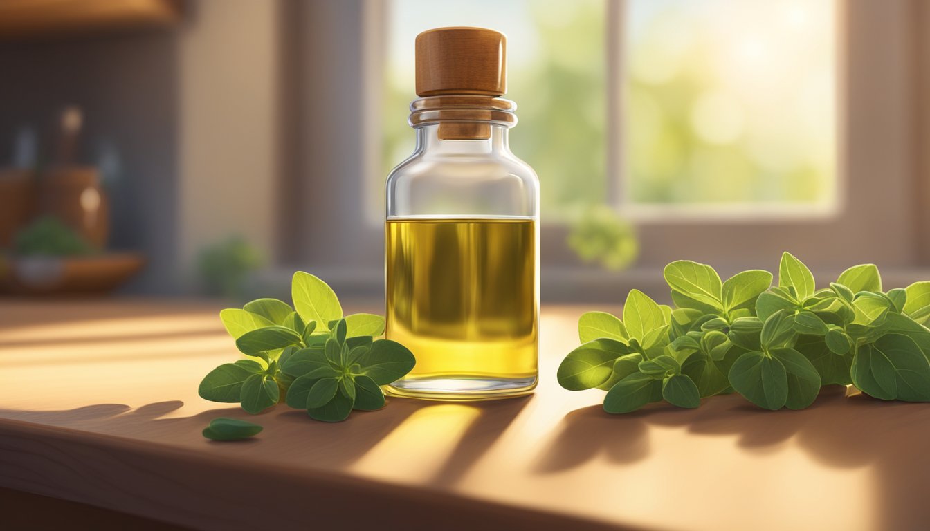 A dropper bottle of oregano oil sits on a wooden countertop next to a pile of fresh oregano leaves. The sunlight streams in through a nearby window, casting a warm glow on the scene