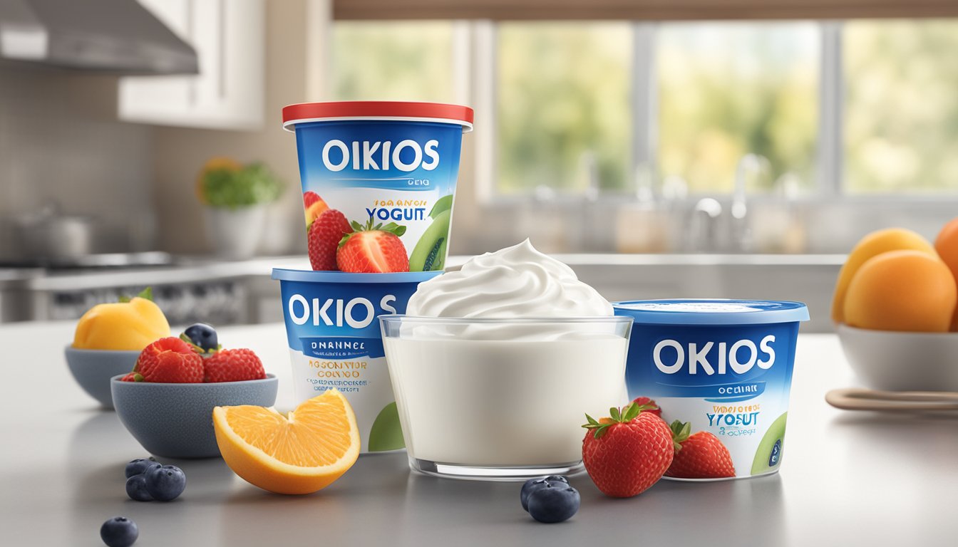 A container of Oikos Greek Yogurt sits on a kitchen counter, surrounded by fresh fruit and a spoon. The yogurt is creamy and thick, with a hint of tanginess