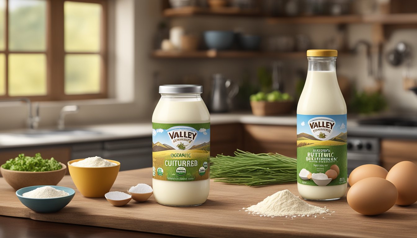 A bottle of Organic Valley Cultured Buttermilk sits on a rustic wooden table, surrounded by fresh ingredients like eggs and flour, with a warm and inviting kitchen in the background