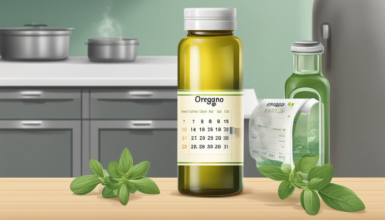 A bottle of oregano oil sits on a kitchen counter, next to a calendar showing the current date and a label indicating the expiration date