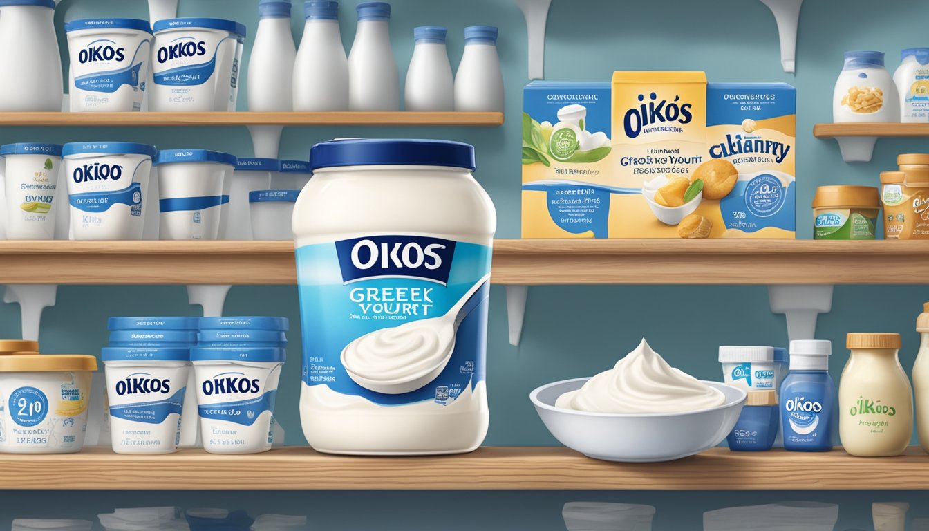 A carton of Oikos Greek Yogurt sits on a kitchen shelf, surrounded by other dairy products and a calendar marking the expiration date