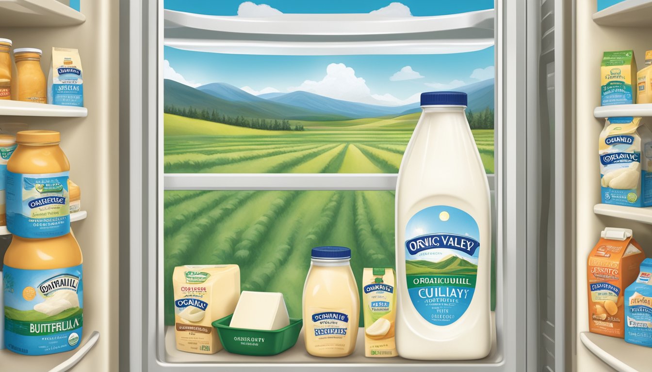 A bottle of Organic Valley Cultured Buttermilk sits in a refrigerator, surrounded by other dairy products. The expiration date is visible on the label