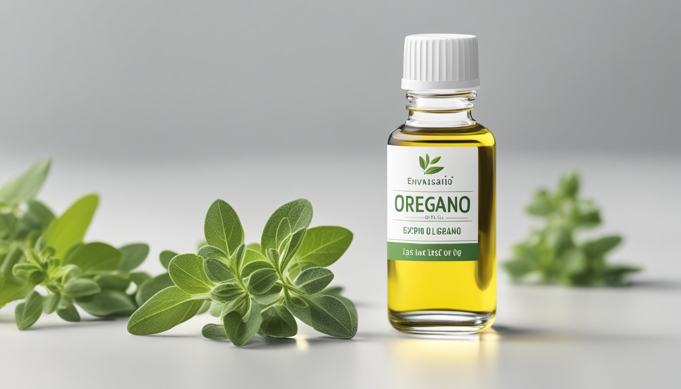 A small bottle of oregano oil sits on a clean, white countertop, with a dropper next to it. The label indicates the expiration date