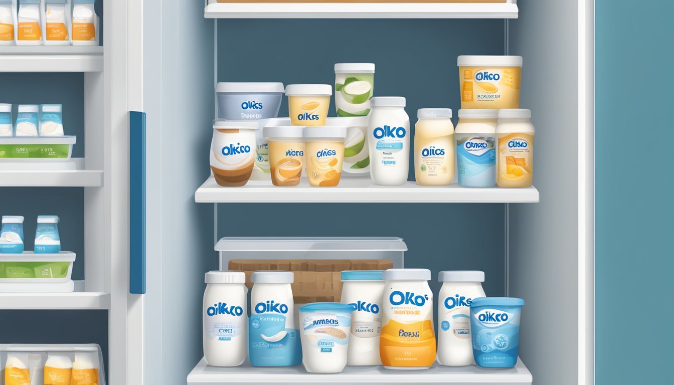 An open refrigerator with various containers of Oikos Greek Yogurt neatly organized on the shelves, with a calendar on the door marking the expiration date