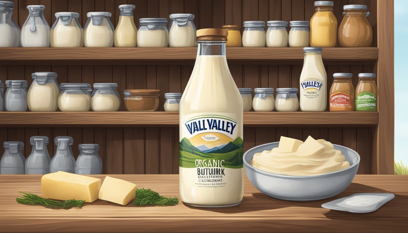 A glass bottle of Organic Valley Cultured Buttermilk sits on a wooden shelf in a rustic pantry, surrounded by other dairy products