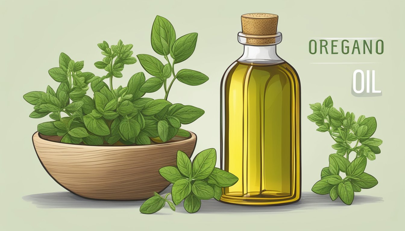 A bottle of oregano oil sits next to a sprig of fresh oregano, highlighting the difference between the liquid and herb forms