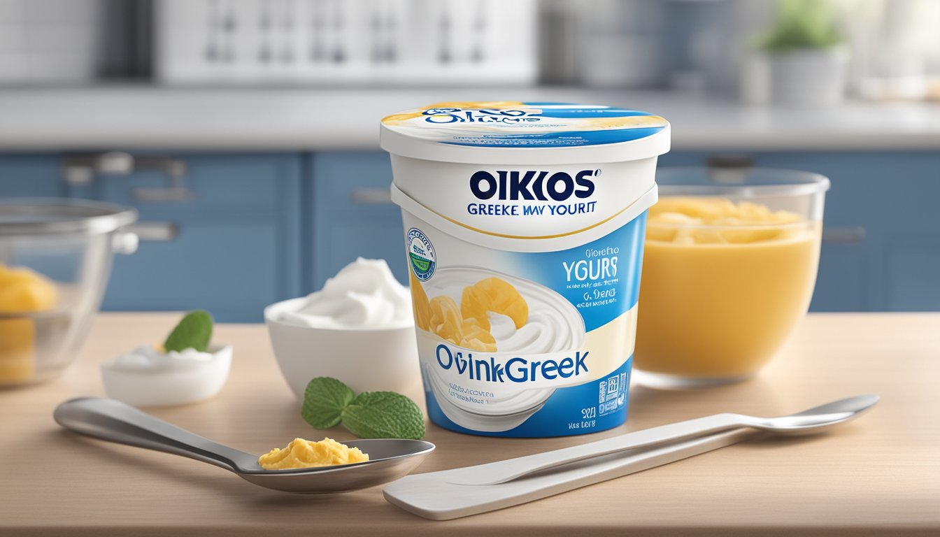 A carton of Oikos Greek Yogurt sits on a kitchen counter, surrounded by a calendar and a clock, with a spoon nearby