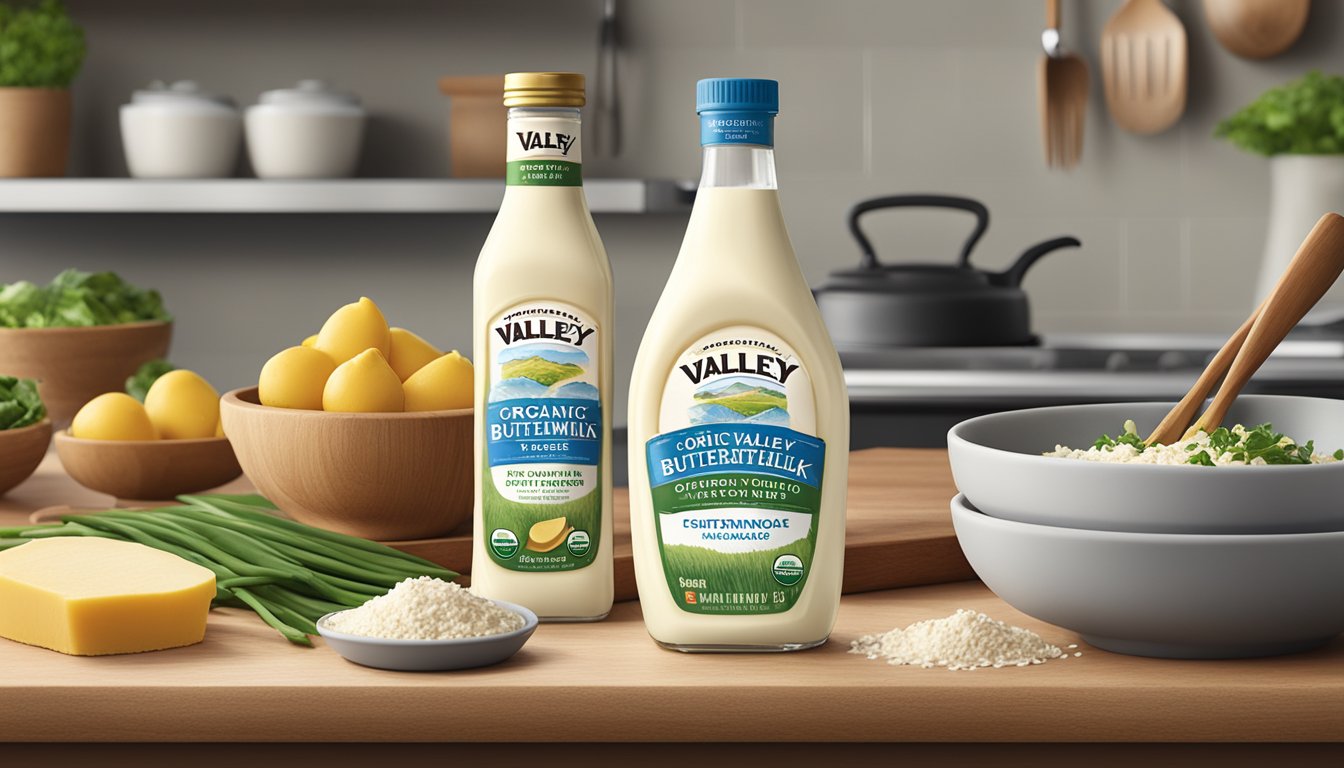 A bottle of Organic Valley Cultured Buttermilk sits on a kitchen counter, surrounded by fresh ingredients and cooking utensils