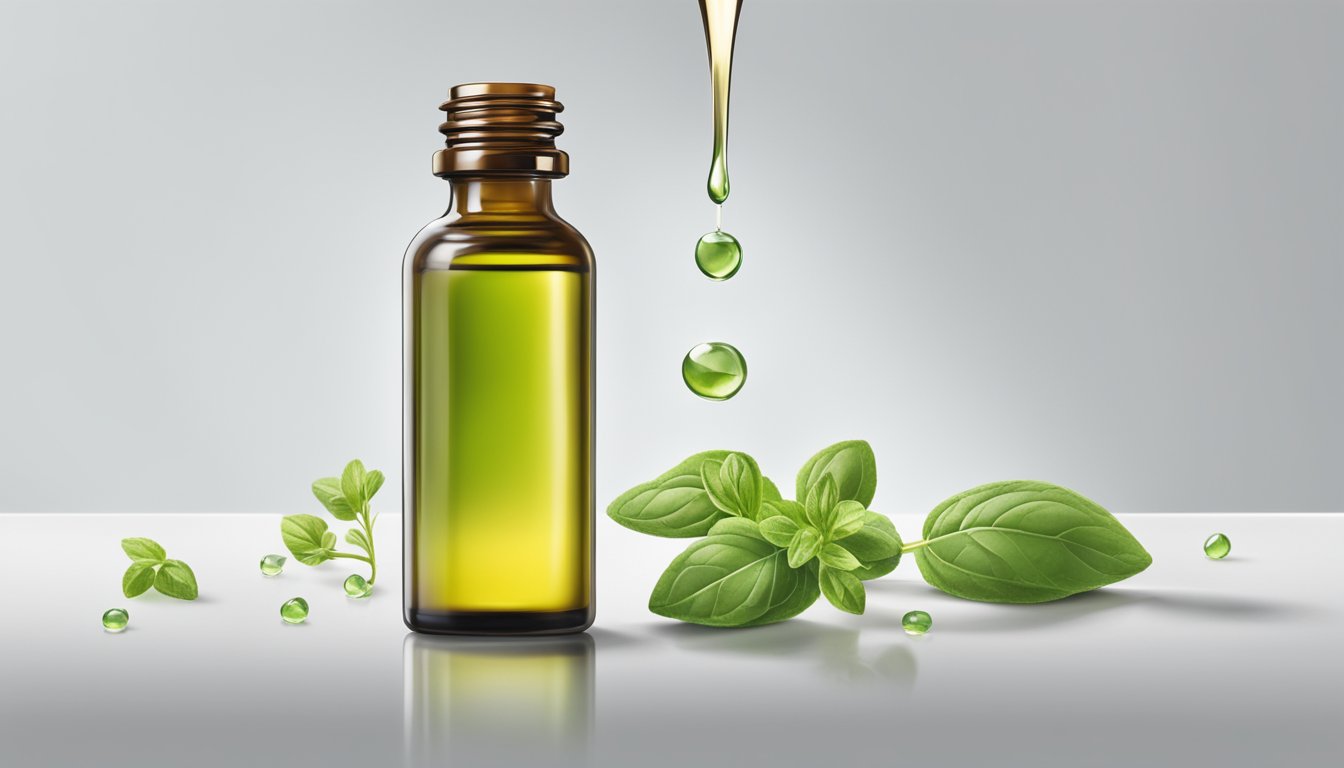 A dropper bottle of oregano oil sits on a clean, white countertop, with a few drops of oil lingering on the dropper tip