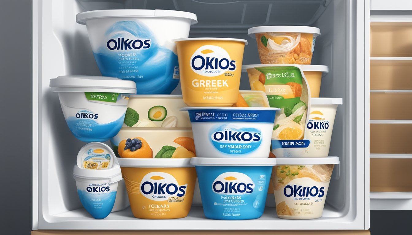 A sealed Oikos Greek Yogurt container sits in a refrigerator, surrounded by other food items. The expiration date on the label is clearly visible