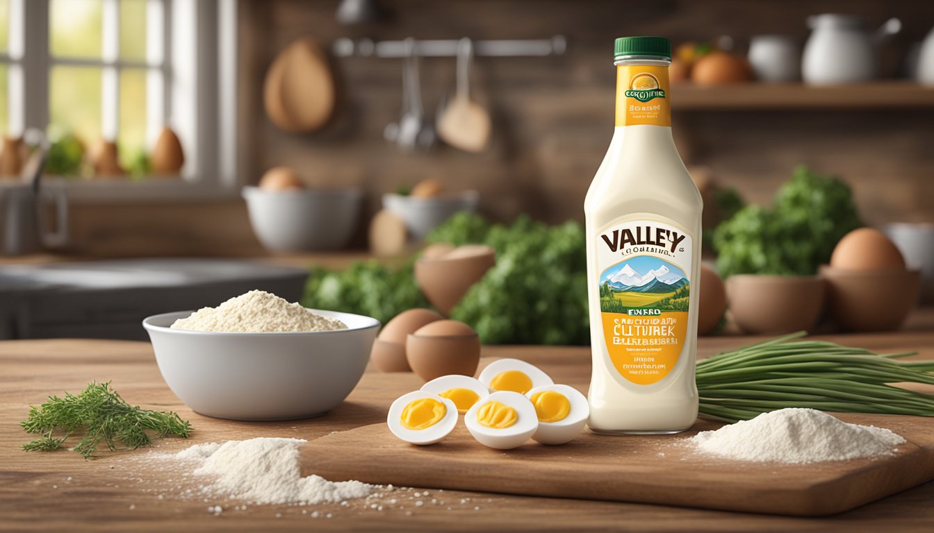 A bottle of Organic Valley Cultured Buttermilk sits on a rustic wooden table, surrounded by fresh ingredients like eggs and flour, with a warm, inviting kitchen in the background