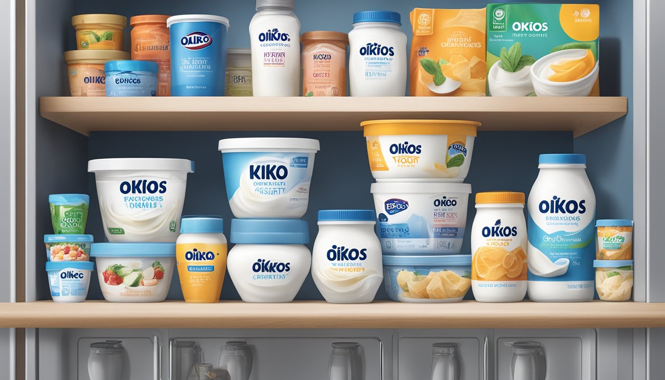 A container of Oikos Greek Yogurt sits on a shelf in a refrigerator, surrounded by various other food items