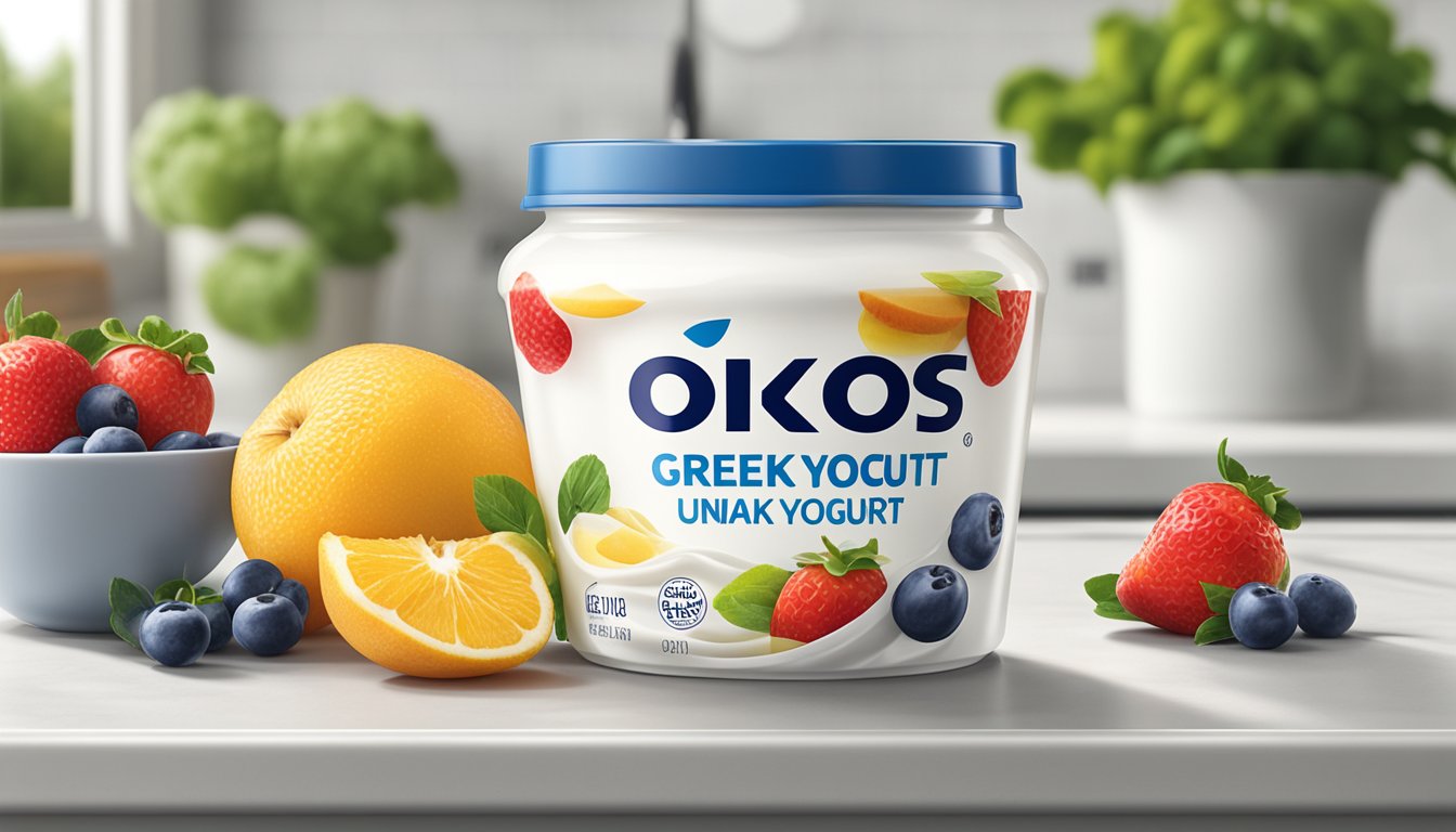 A tub of Oikos Greek Yogurt sits unopened on a clean, white kitchen counter, surrounded by fresh fruit and a spoon