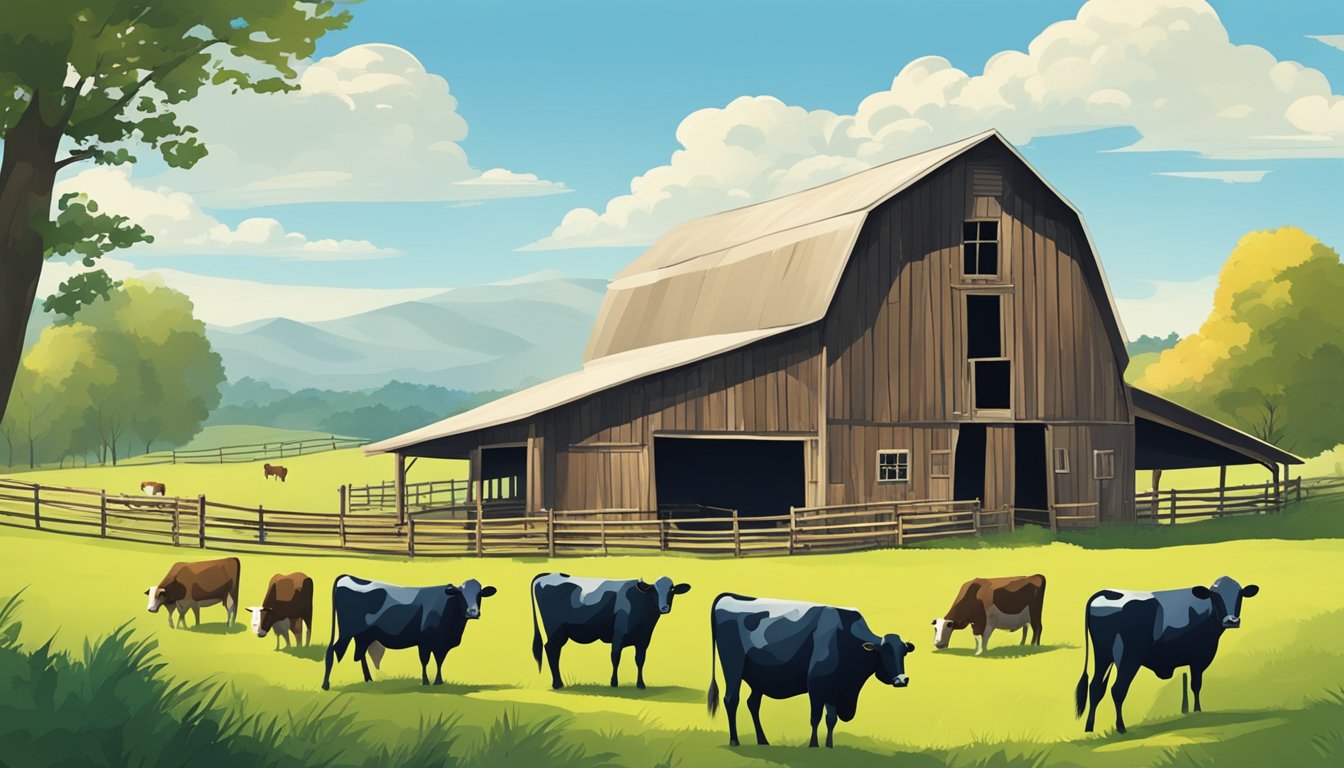 A rustic barn with grazing cows, rolling green pastures, and a clear blue sky