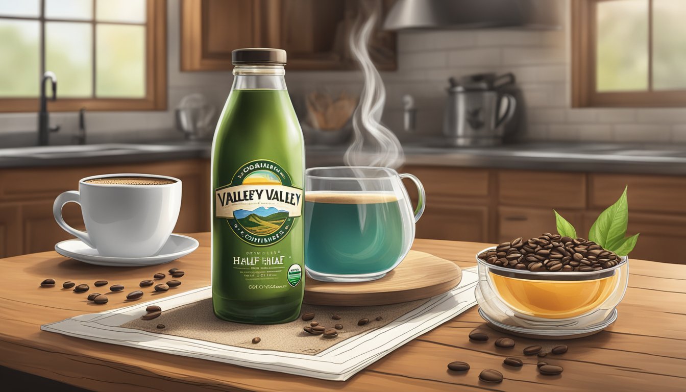 A glass bottle of Organic Valley Half and Half sits on a rustic kitchen table, surrounded by fresh coffee beans and a steaming cup of coffee