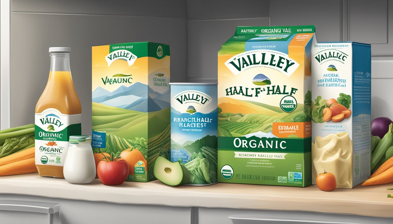 A carton of Organic Valley Half and Half sits unopened in a refrigerator, alongside other dairy products and fresh produce