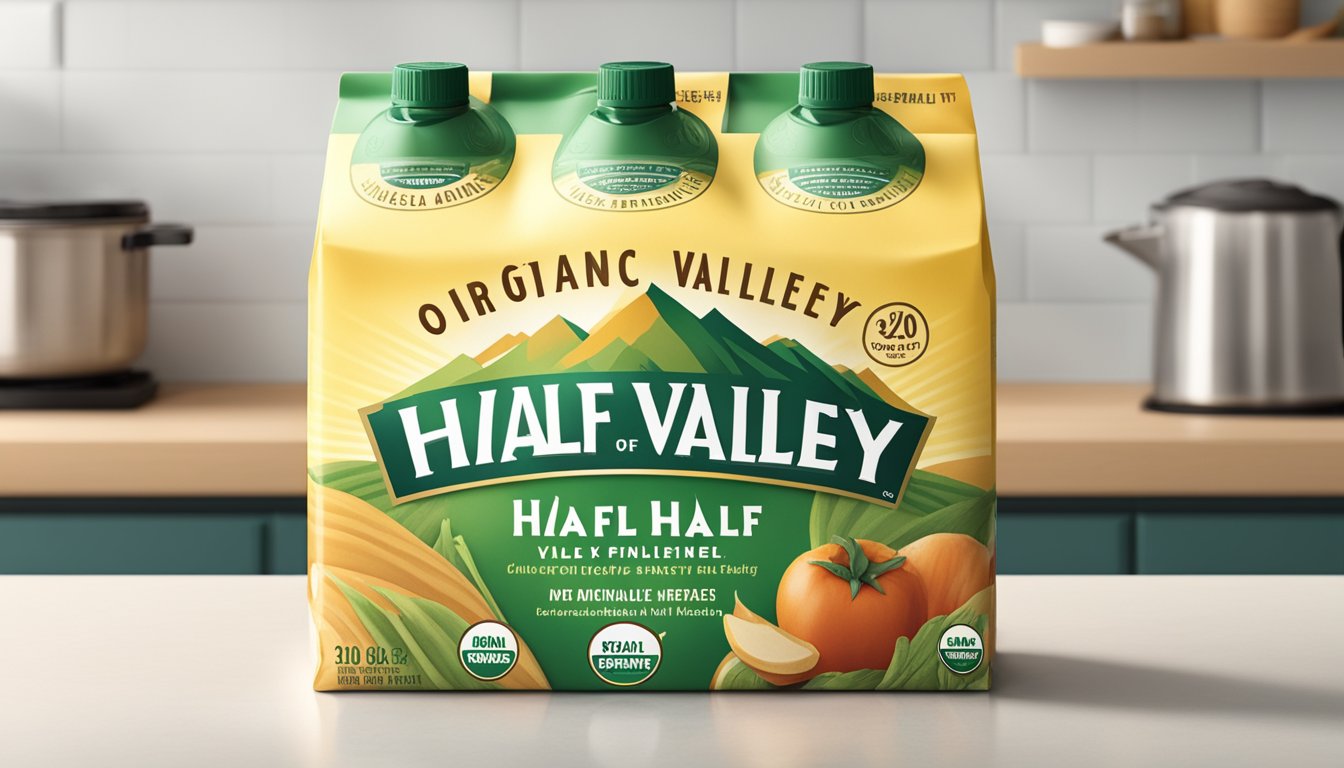 A carton of Organic Valley Half and Half sits unopened on a clean, well-lit kitchen counter. The expiration date is clearly visible on the label