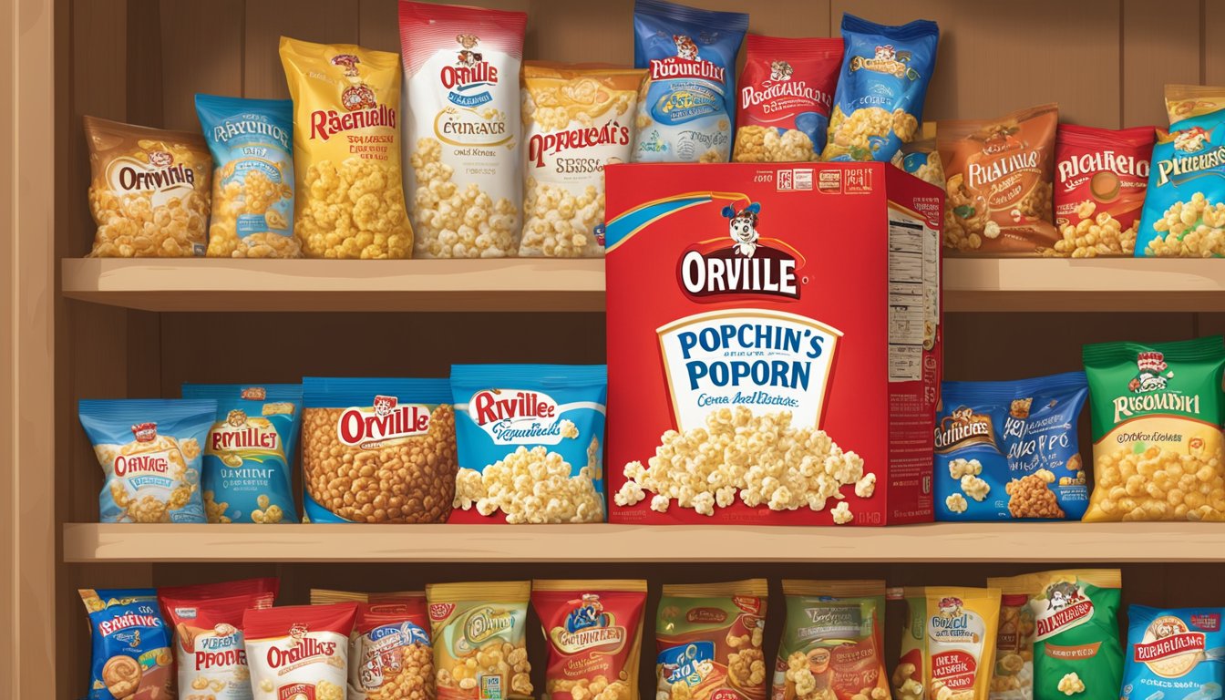 A sealed box of Orville Redenbacher's Popcorn sits on a pantry shelf, surrounded by other snacks and food items. The expiration date is clearly visible on the packaging