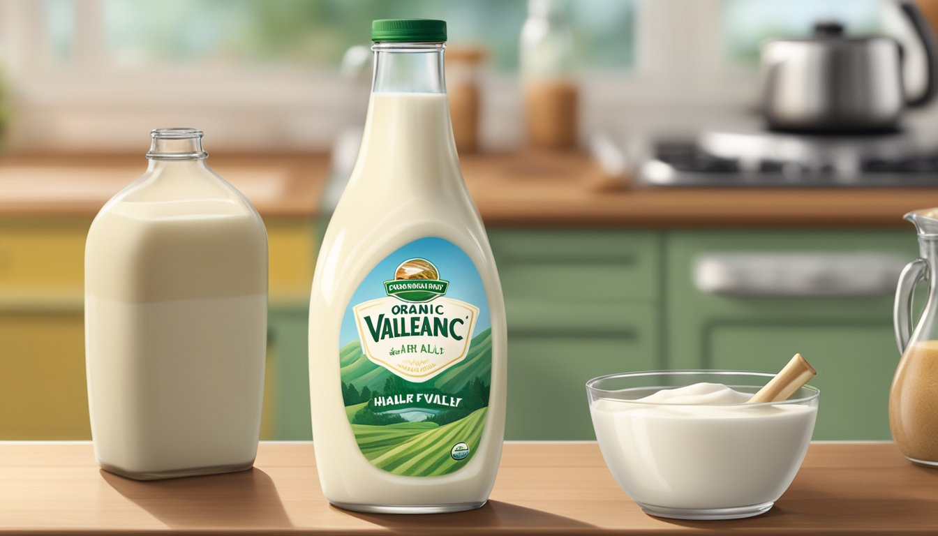 A glass bottle of Organic Valley Half and Half sits on a kitchen counter, surrounded by swirling steam from a pot of milk being pasteurized