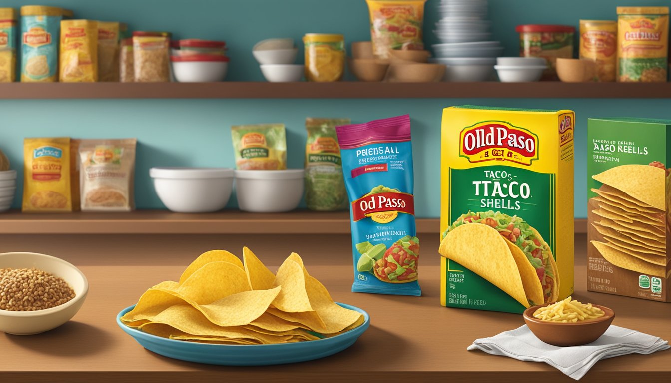 A package of Old El Paso taco shells sits on a kitchen shelf, surrounded by other pantry items. The expiration date is clearly visible on the packaging