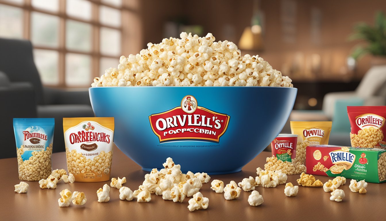 A bowl of Orville Redenbacher's Popcorn sits on a coffee table, surrounded by various flavors and packaging