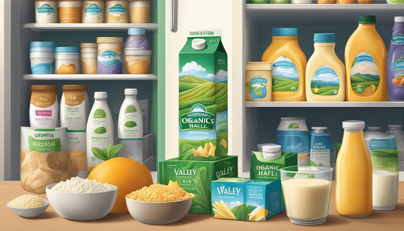 A carton of Organic Valley Half and Half sits in a refrigerator, surrounded by various dairy products and fresh ingredients