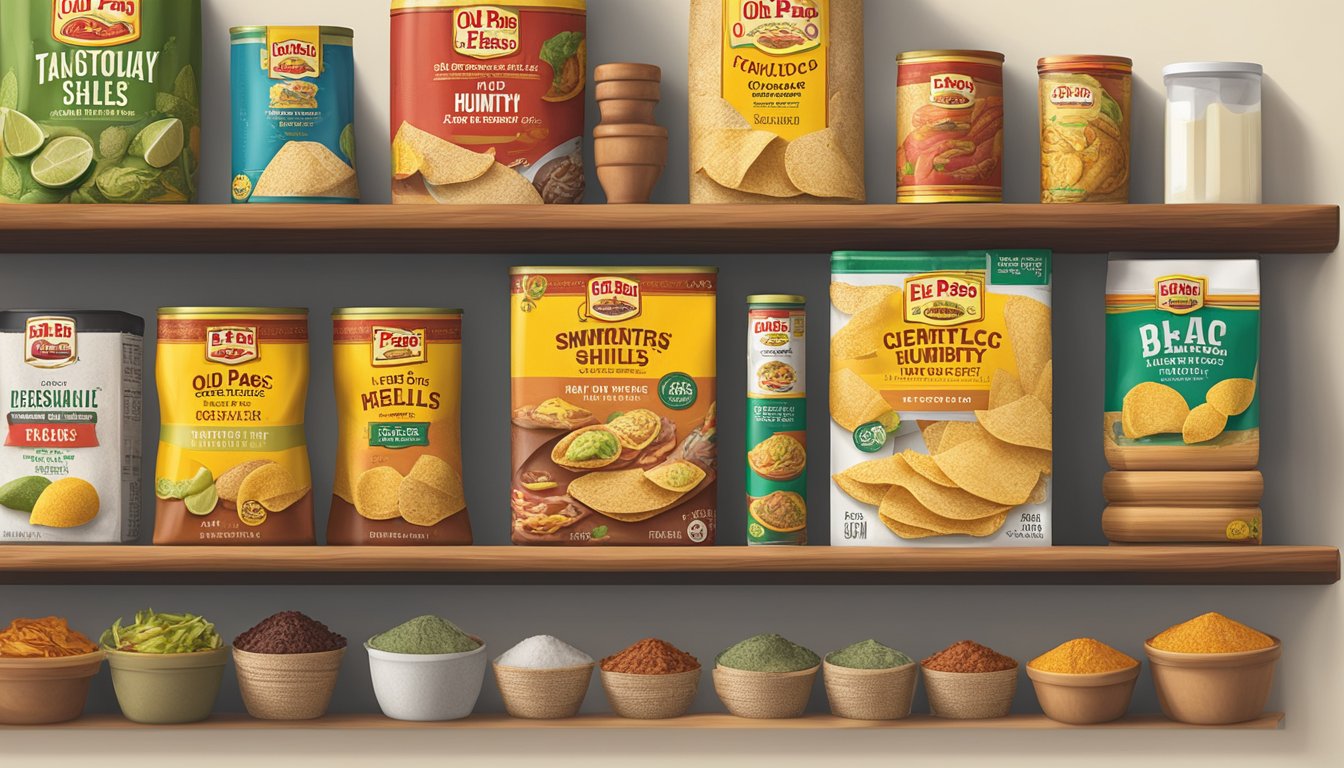 A pantry shelf with a sealed box of Old El Paso Taco Shells alongside other dry goods, with a temperature and humidity gauge nearby