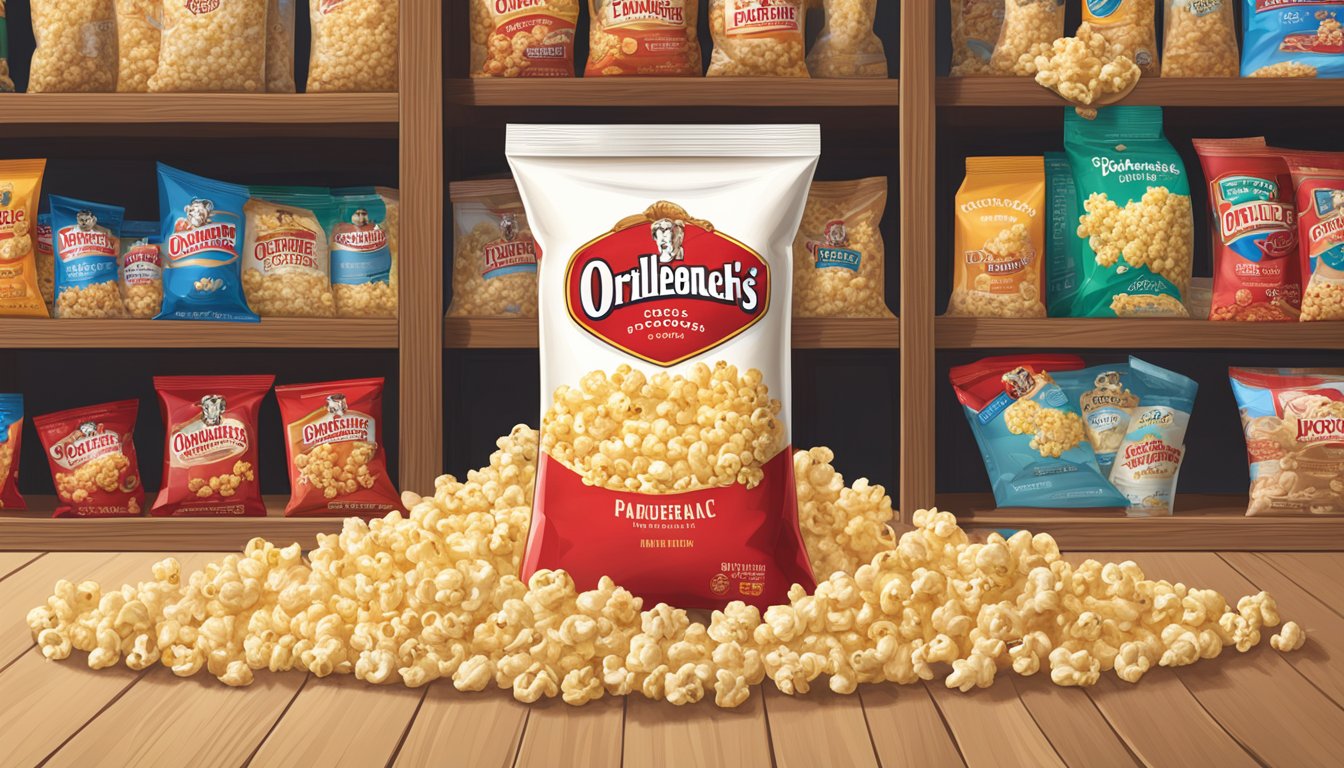 A sealed bag of Orville Redenbacher's Popcorn sits on a pantry shelf, surrounded by other dry goods