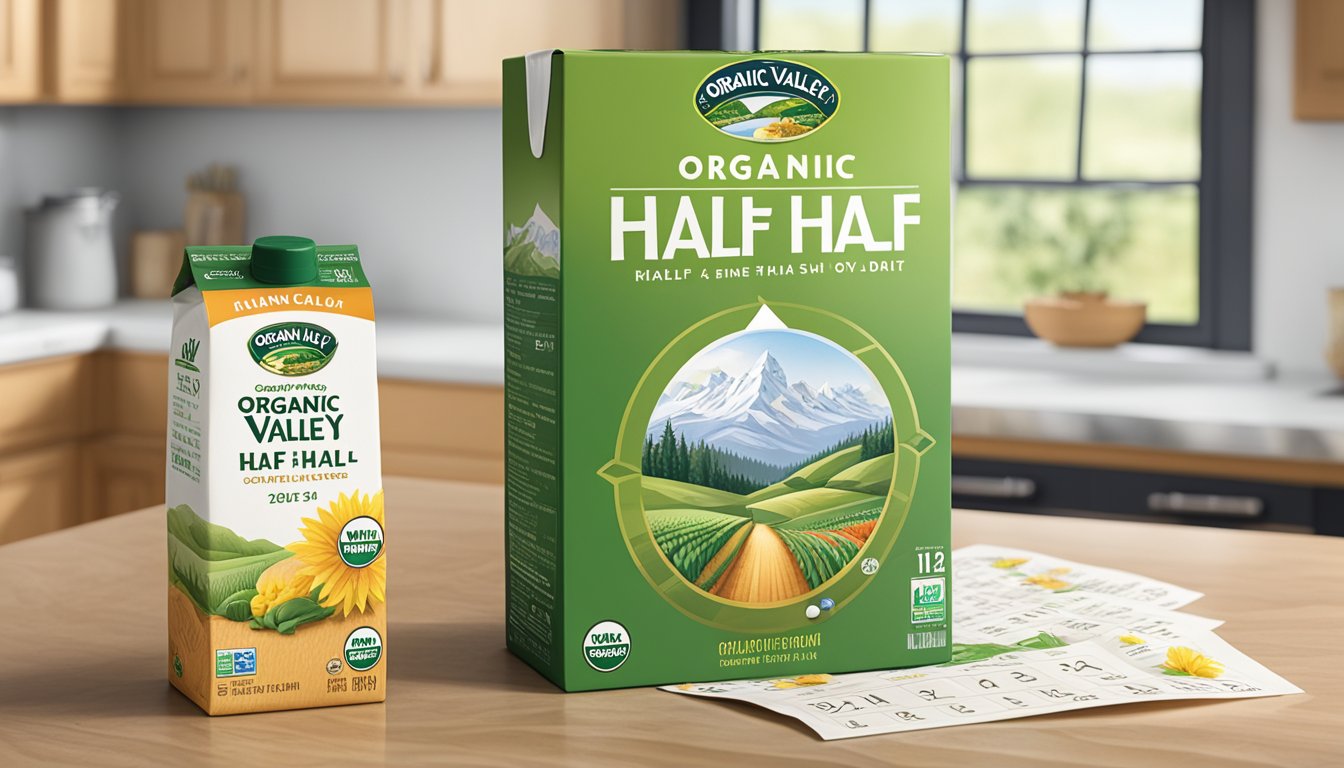 A carton of Organic Valley Half and Half sits unopened on a kitchen counter, next to a calendar showing the current date