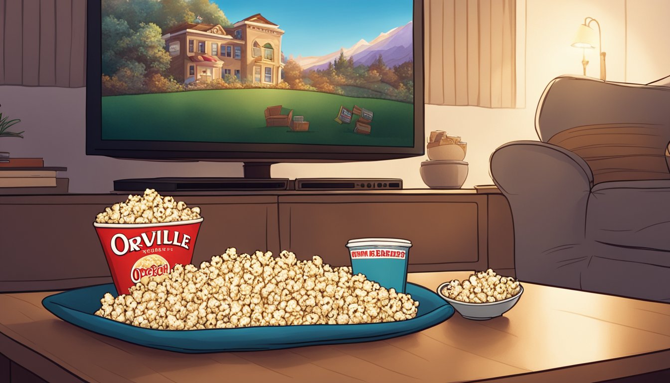 A bowl of Orville Redenbacher's Popcorn sits on a cozy couch, surrounded by a movie playing on a TV and a soft blanket