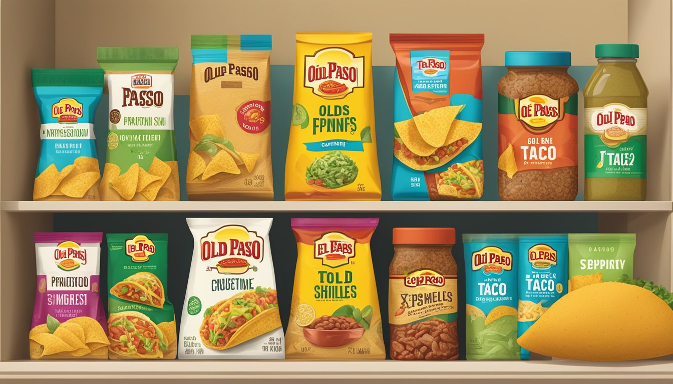 A pantry shelf with a box of Old El Paso Taco Shells, surrounded by various pantry items and labeled with expiration date