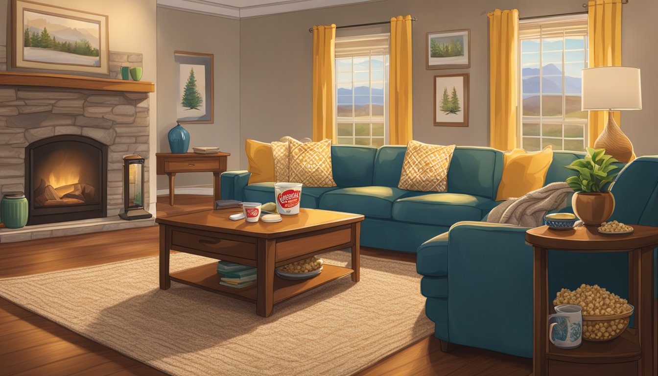 A bowl of Orville Redenbacher's Popcorn sits on a coffee table, surrounded by a cozy living room with a warm, inviting atmosphere