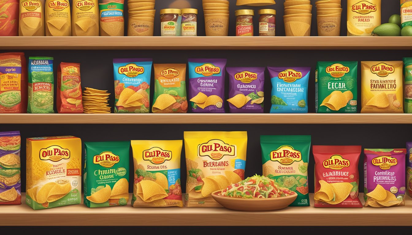 A box of Old El Paso Taco Shells on a pantry shelf, surrounded by other pantry items