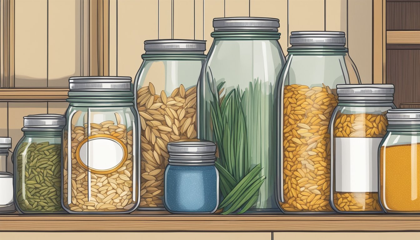 A jar of orzo sits on a kitchen shelf, surrounded by other dry goods. The label indicates the expiration date