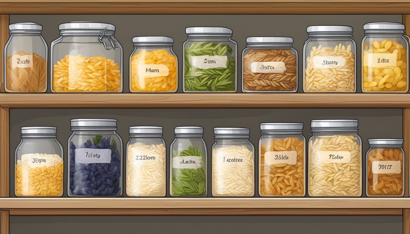 A pantry shelf with labeled containers of orzo and a calendar marking the date of purchase